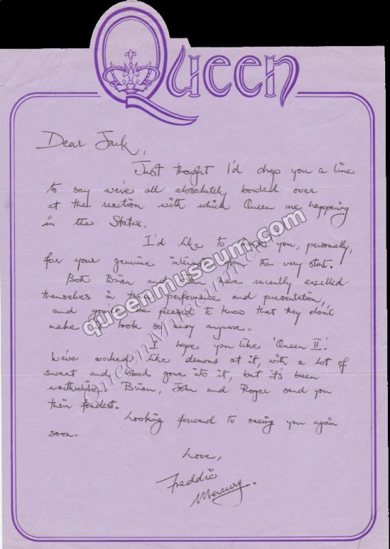 Freddie Mercury handwritten signed letter to Elektra Records USA founder Holzman