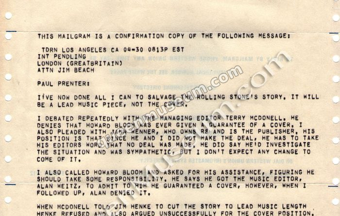 Queen Telegram to Rolling Stones Magazine