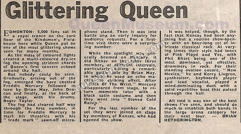 Queen Edmonton 1975 Canada concert review