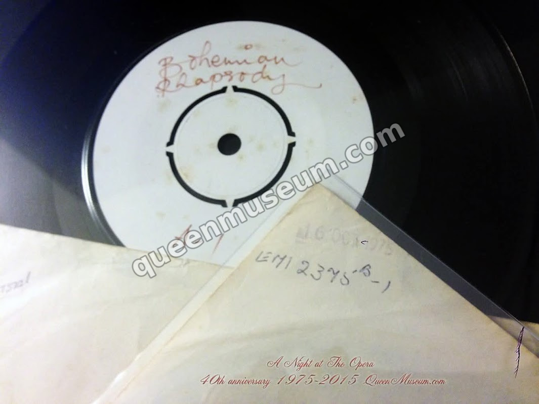 Bohemian Rhapsody test pressing label, handwritten by Freddie Mercury, with the original sleeve marked EMI 2375