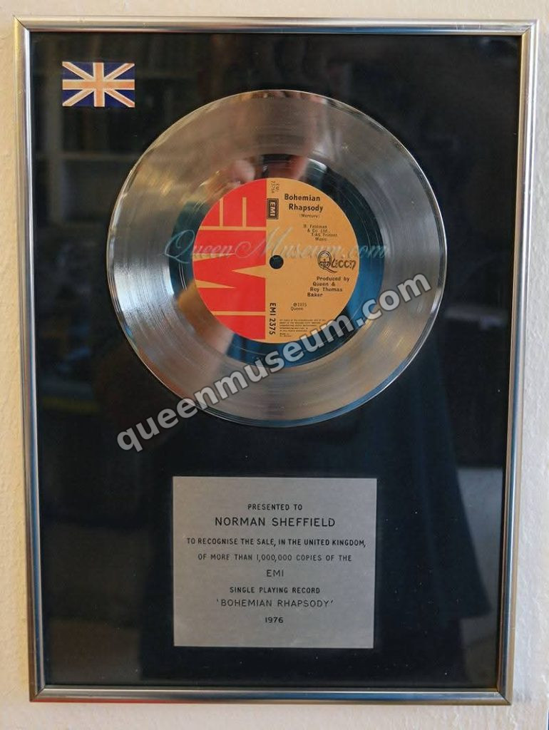 EMI in-house silver award presented to Norman Sheffield for UK sales of Bohemian Rhapsody, 1976