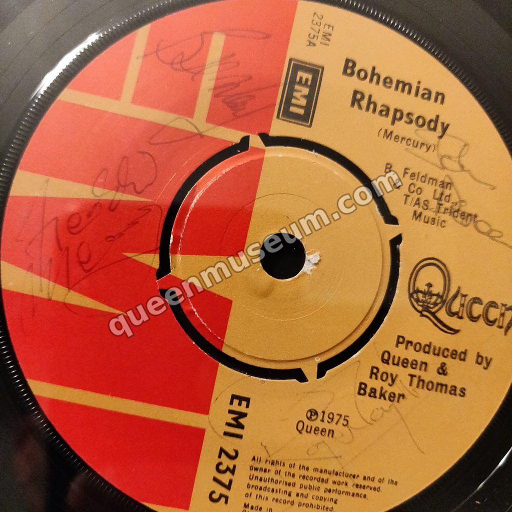 Signed Queen 1975 Bohemian Rhapsody single label, EMI 2375, signed in pen by Freddie Mercury, Brian May, Roger Taylor and John Deacon